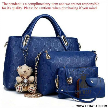Retro Embossed 4pc Tote Set with Bear Charm