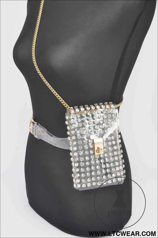 Rhinestone Clear Belt Bag W/chain