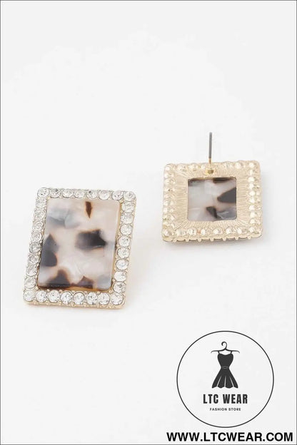 Rhinestone Framed Marble Earrings