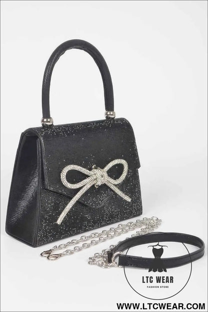 Rhinestone Ribbon Top Handle Bag