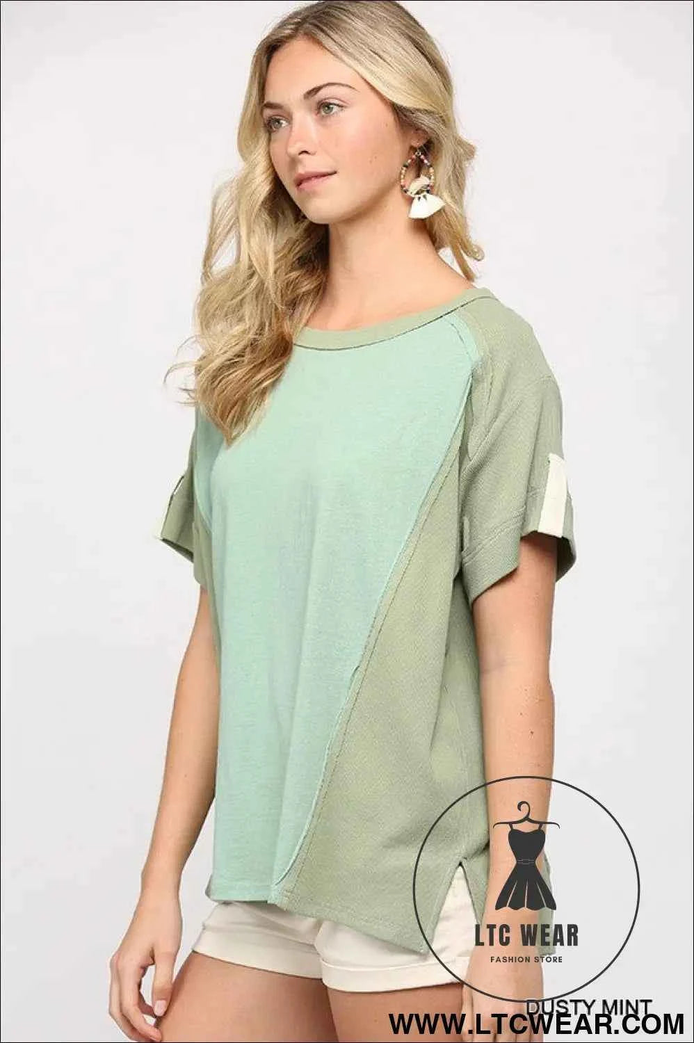 Ribbed And Solid Mixed Raw Edge Top
