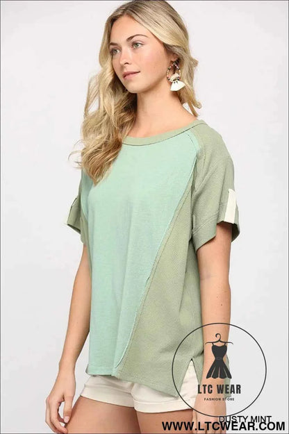 Ribbed And Solid Mixed Raw Edge Top
