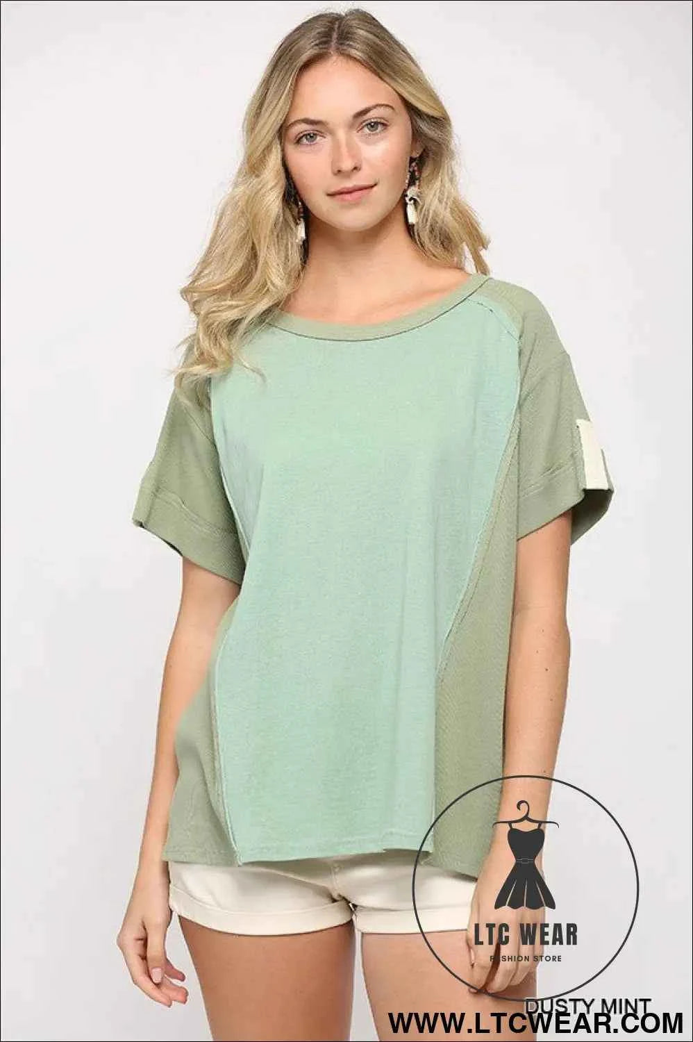 Ribbed And Solid Mixed Raw Edge Top