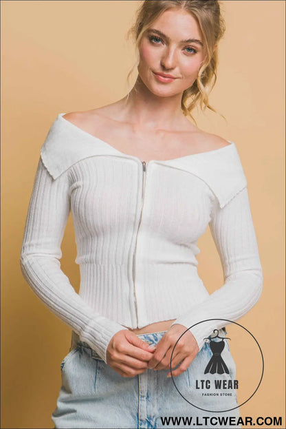 Ribbed bardot zip up long sleeve