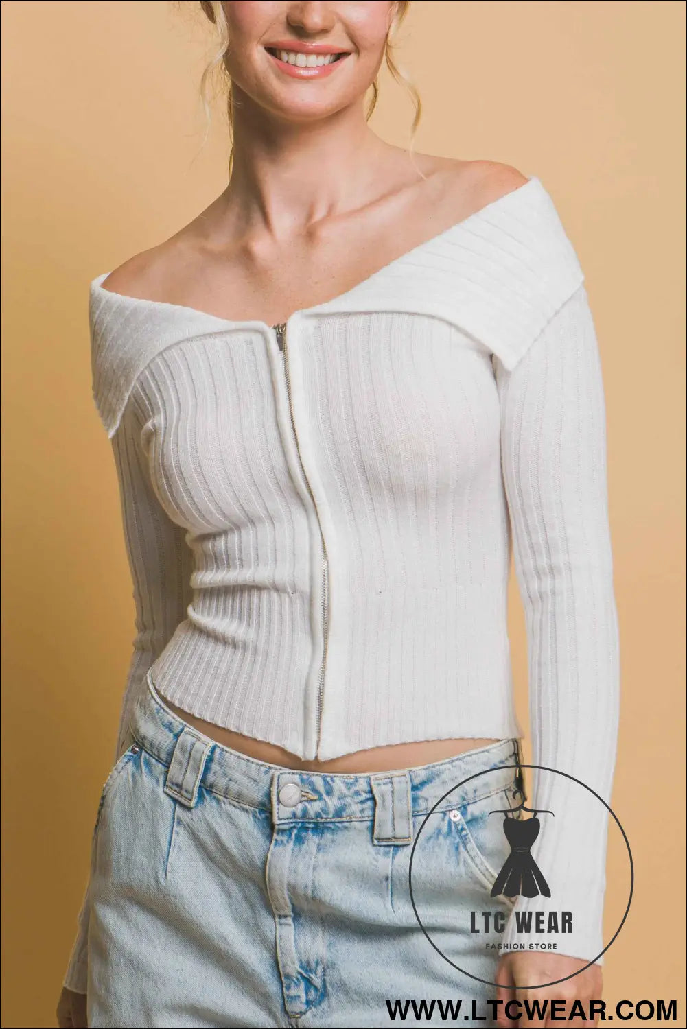 Ribbed bardot zip up long sleeve