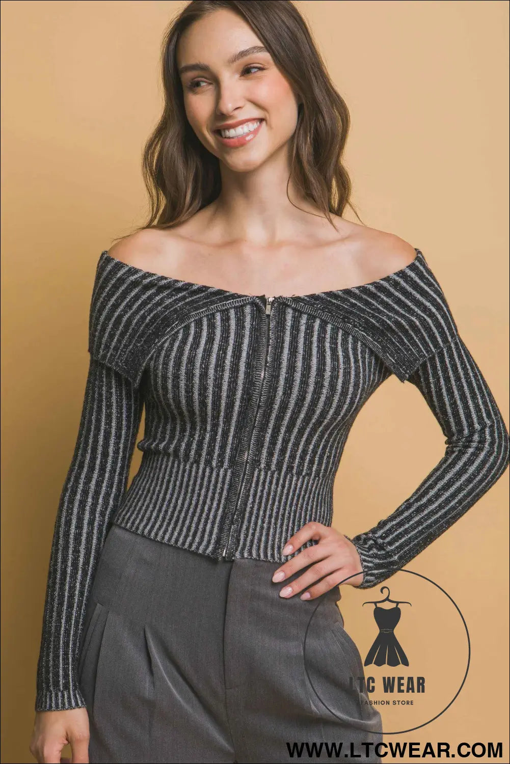 Ribbed bardot zip up long sleeve