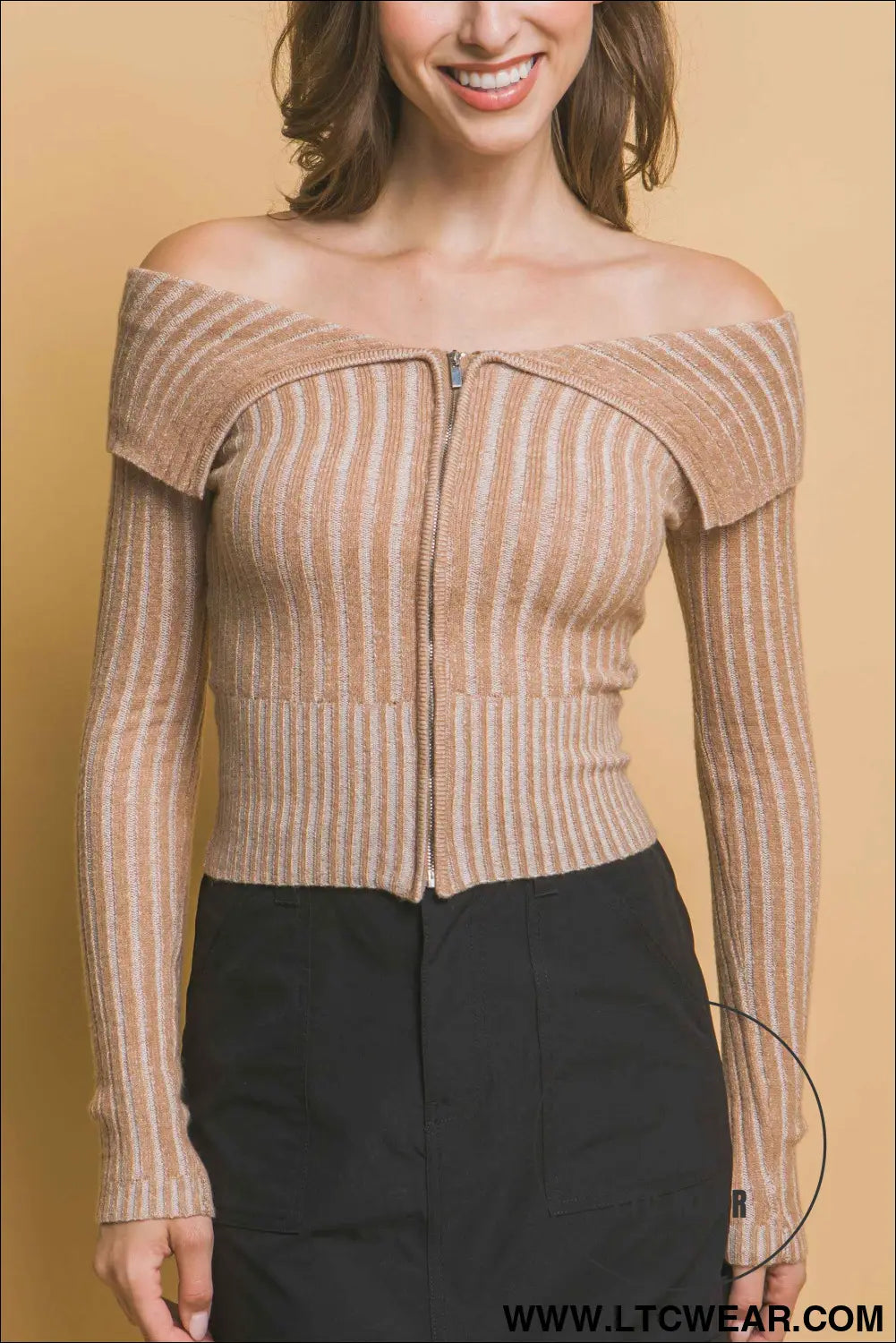 Ribbed bardot zip up long sleeve