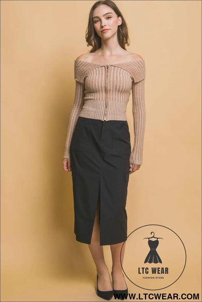 Ribbed bardot zip up long sleeve