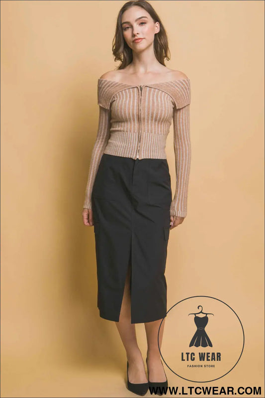 Ribbed bardot zip up long sleeve