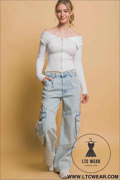 Ribbed bardot zip up long sleeve