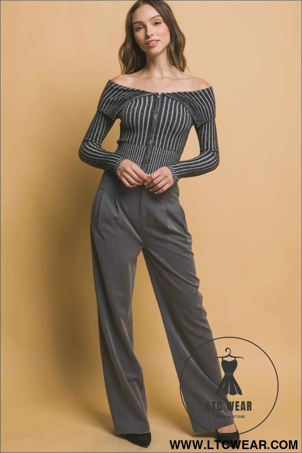 Ribbed bardot zip up long sleeve