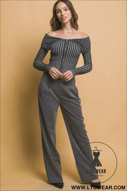 Ribbed bardot zip up long sleeve