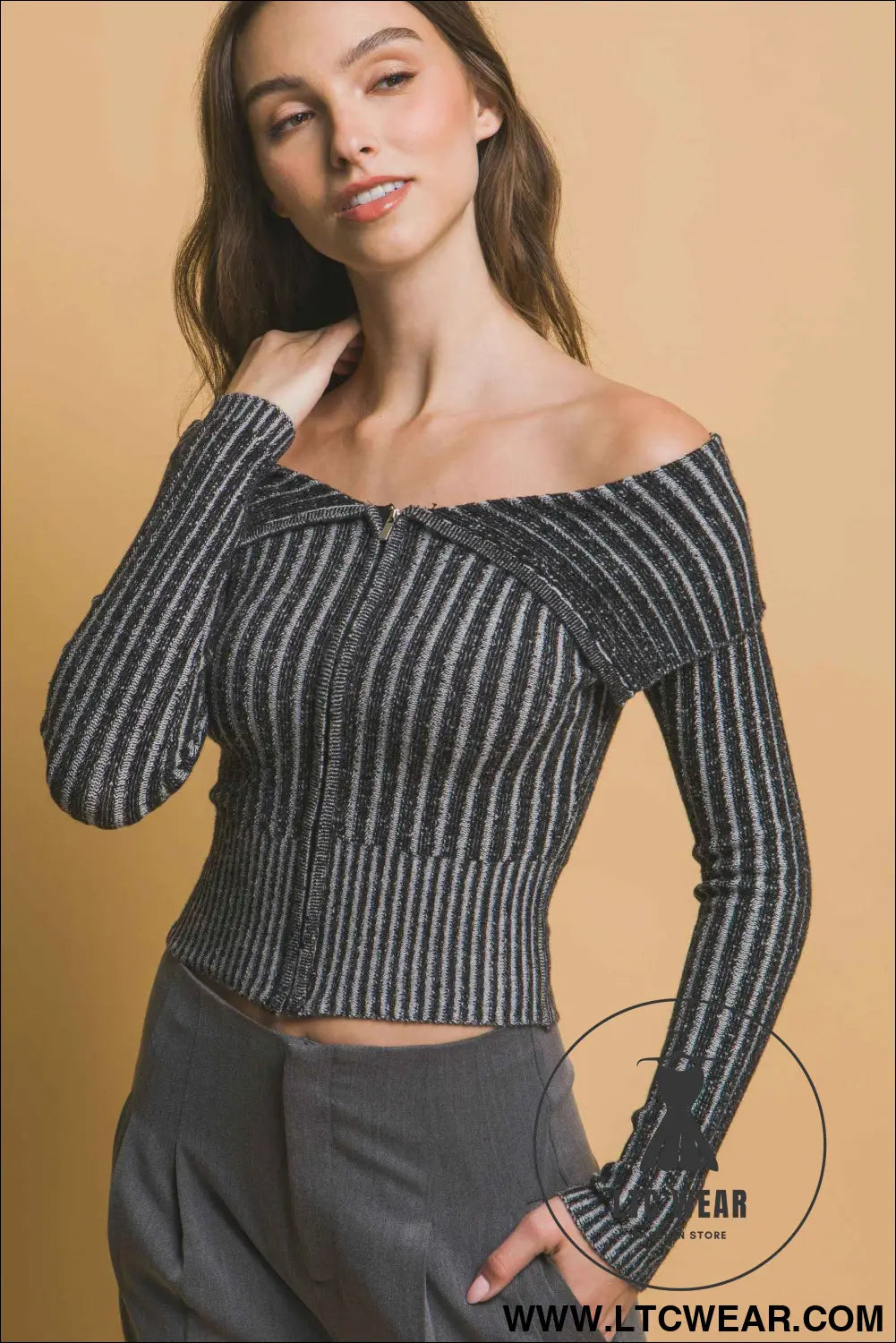 Ribbed bardot zip up long sleeve
