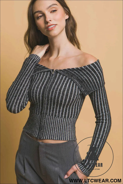 Ribbed bardot zip up long sleeve
