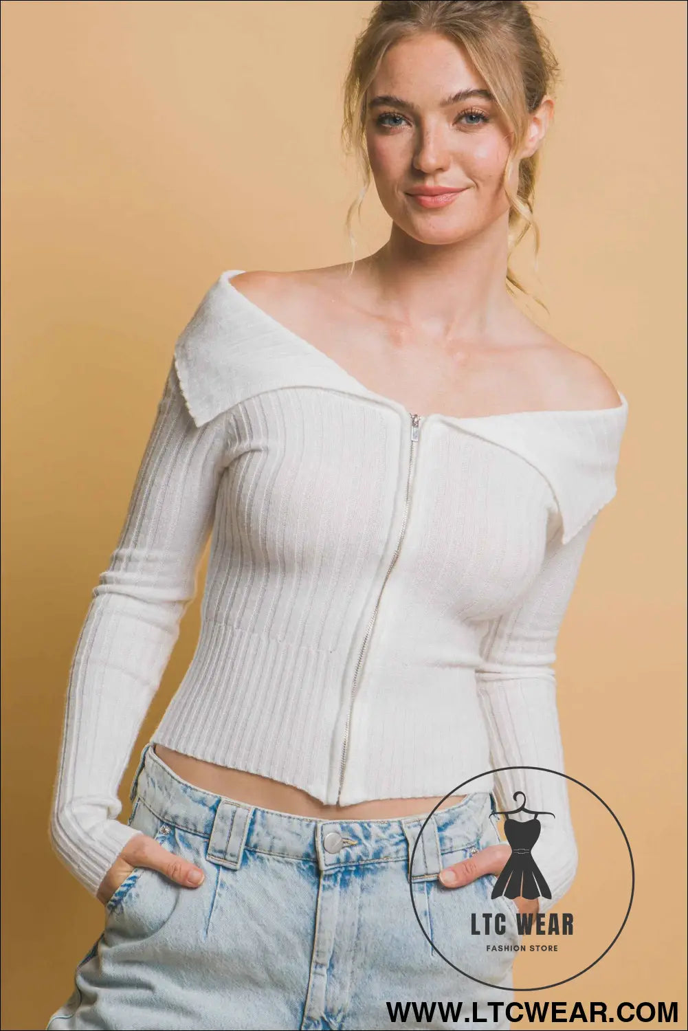 Ribbed bardot zip up long sleeve