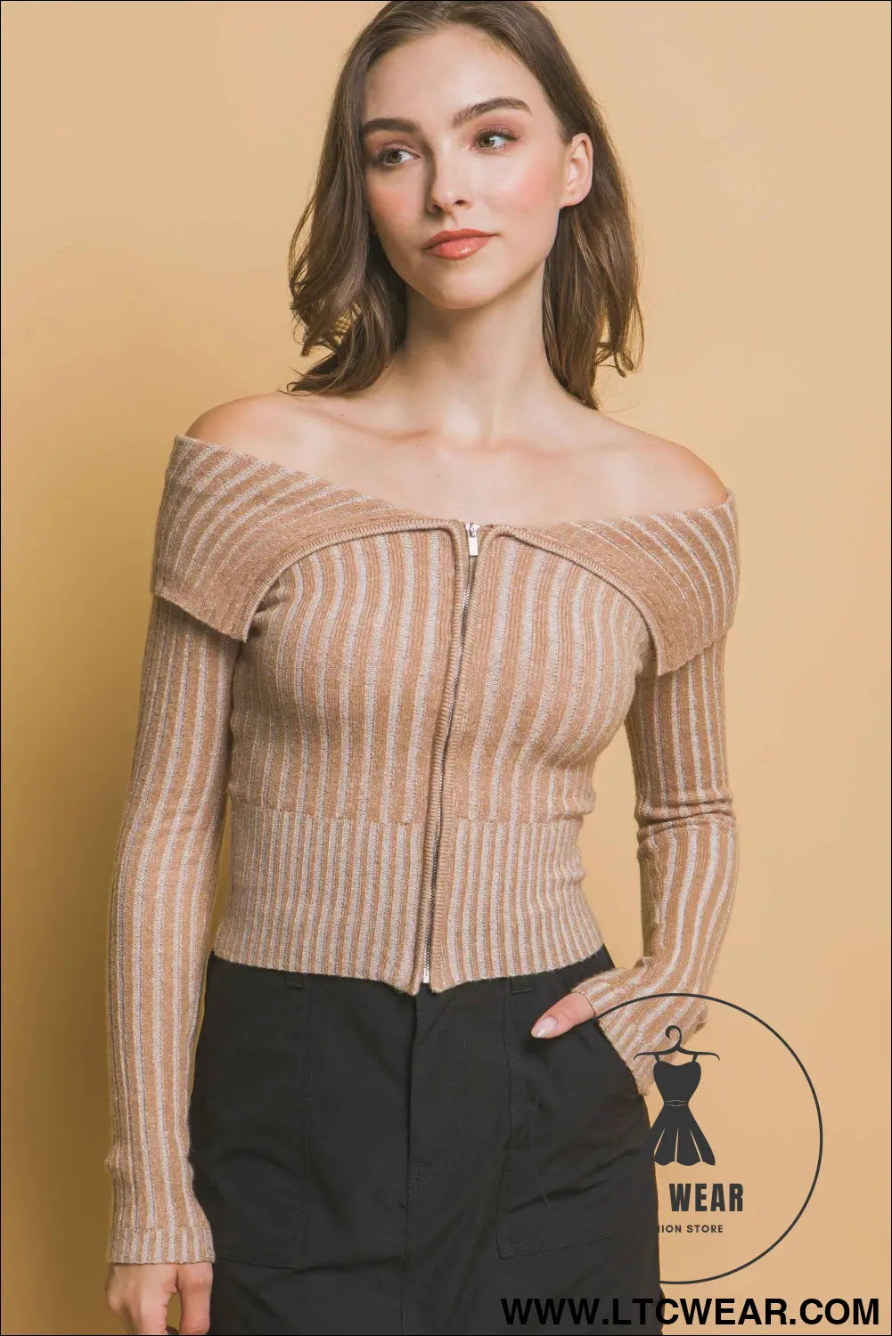 Ribbed bardot zip up long sleeve