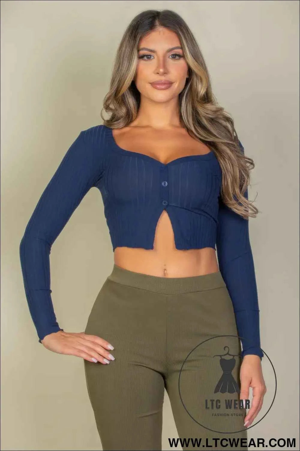 Ribbed Button Front Split Long Sleeve Top