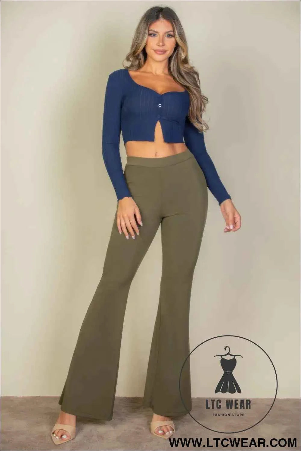 Ribbed Button Front Split Long Sleeve Top