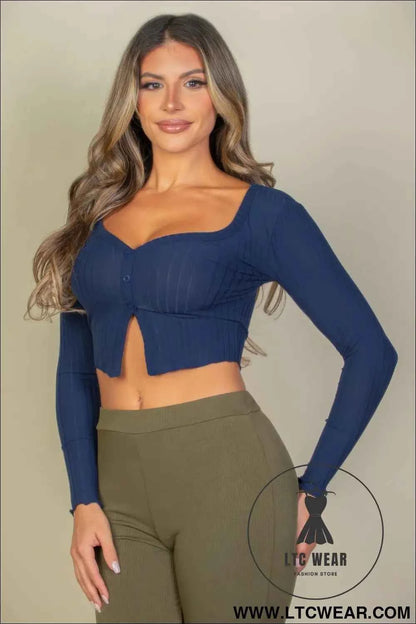 Ribbed Button Front Split Long Sleeve Top