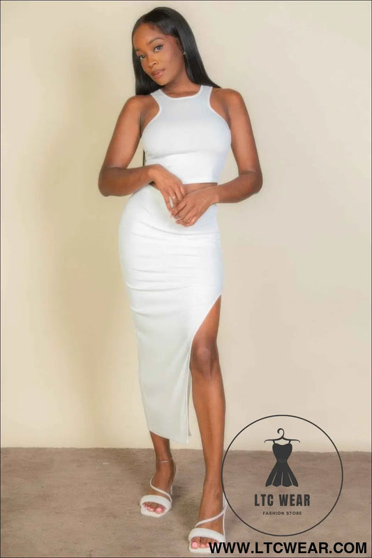 Ribbed Cropped Top And Maxi Side Slit Skirt