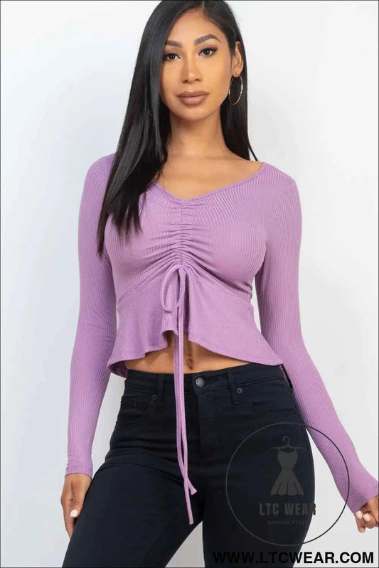Ribbed Drawstring Front Long Sleeve Peplum Top