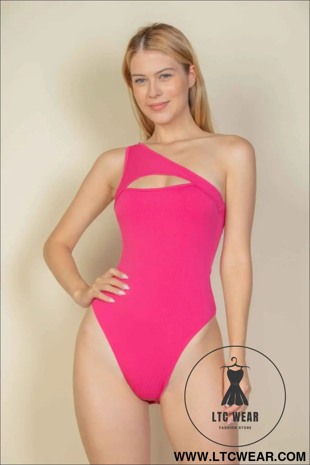 Ribbed Knit Cut Out One Shoulder Bodysuit