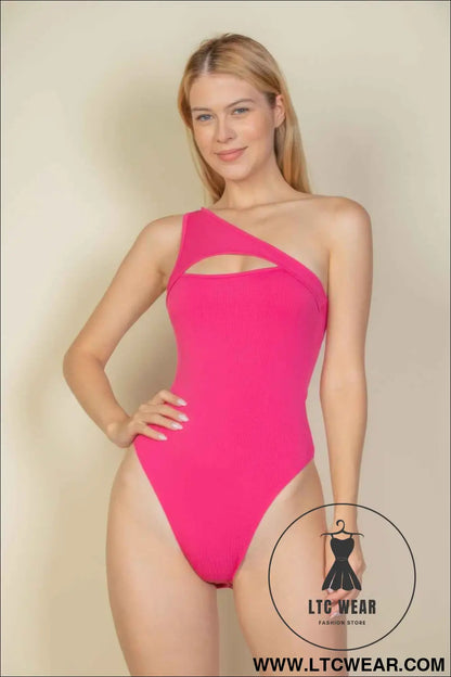 Ribbed Knit Cut Out One Shoulder Bodysuit