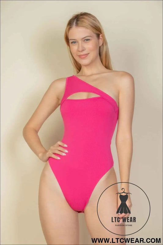 Ribbed Knit Cut Out One Shoulder Bodysuit