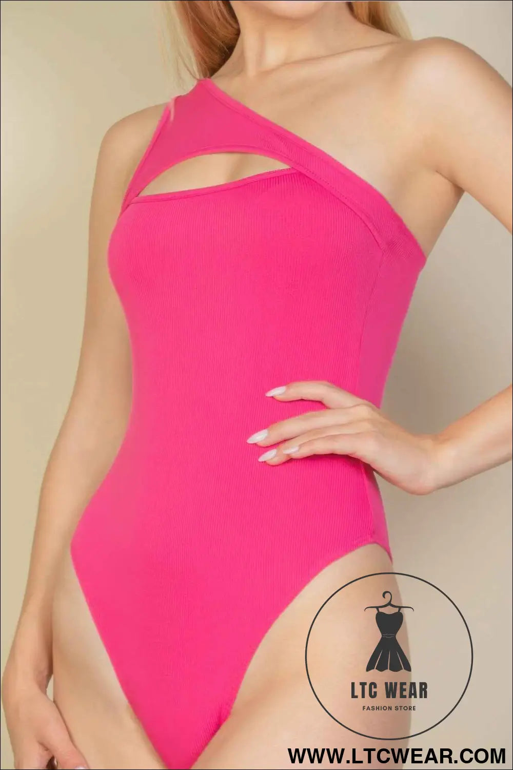 Ribbed Knit Cut Out One Shoulder Bodysuit