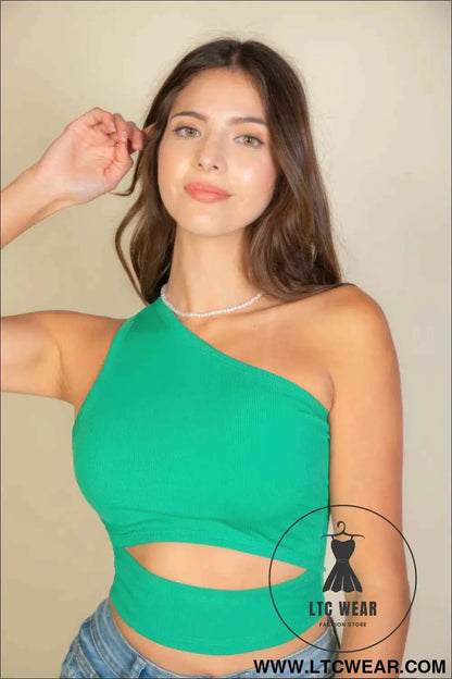 Ribbed Knit Cut Out One Shoulder Crop Top
