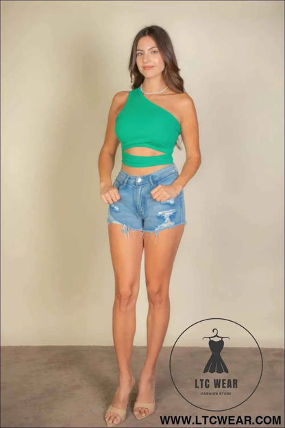 Ribbed Knit Cut Out One Shoulder Crop Top