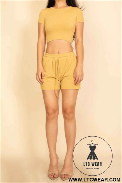 Ribbed Knit Drawstring Lounge Shorts Set