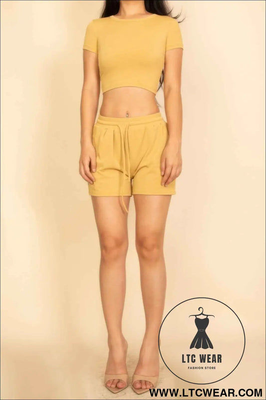Ribbed Knit Drawstring Lounge Shorts Set