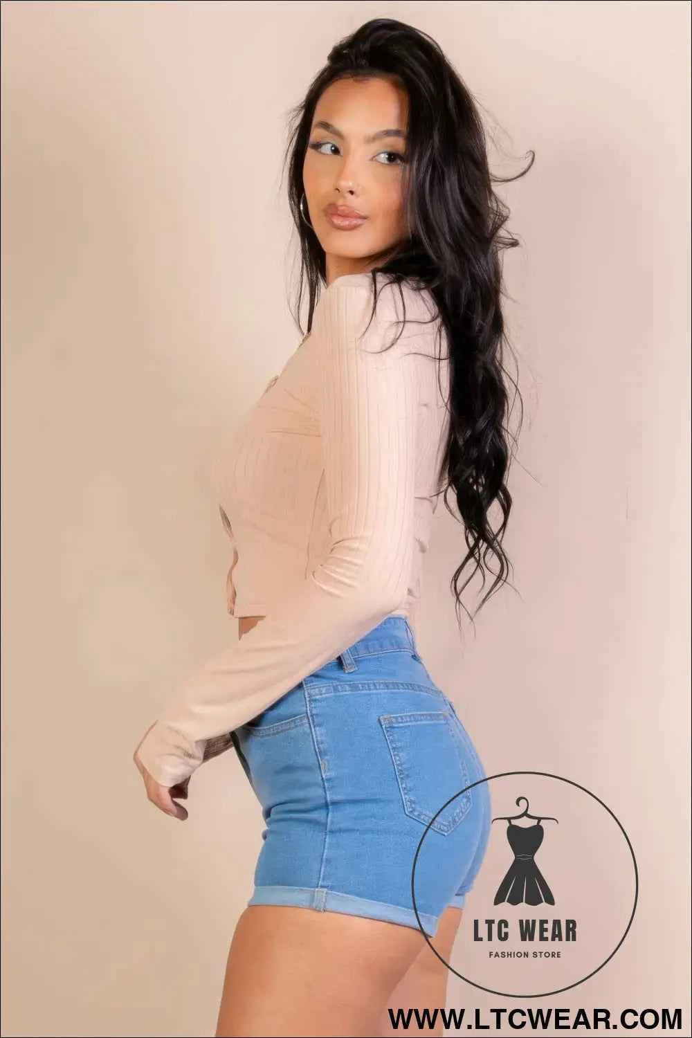Ribbed Long Sleeve Snap Button Down Crop Top