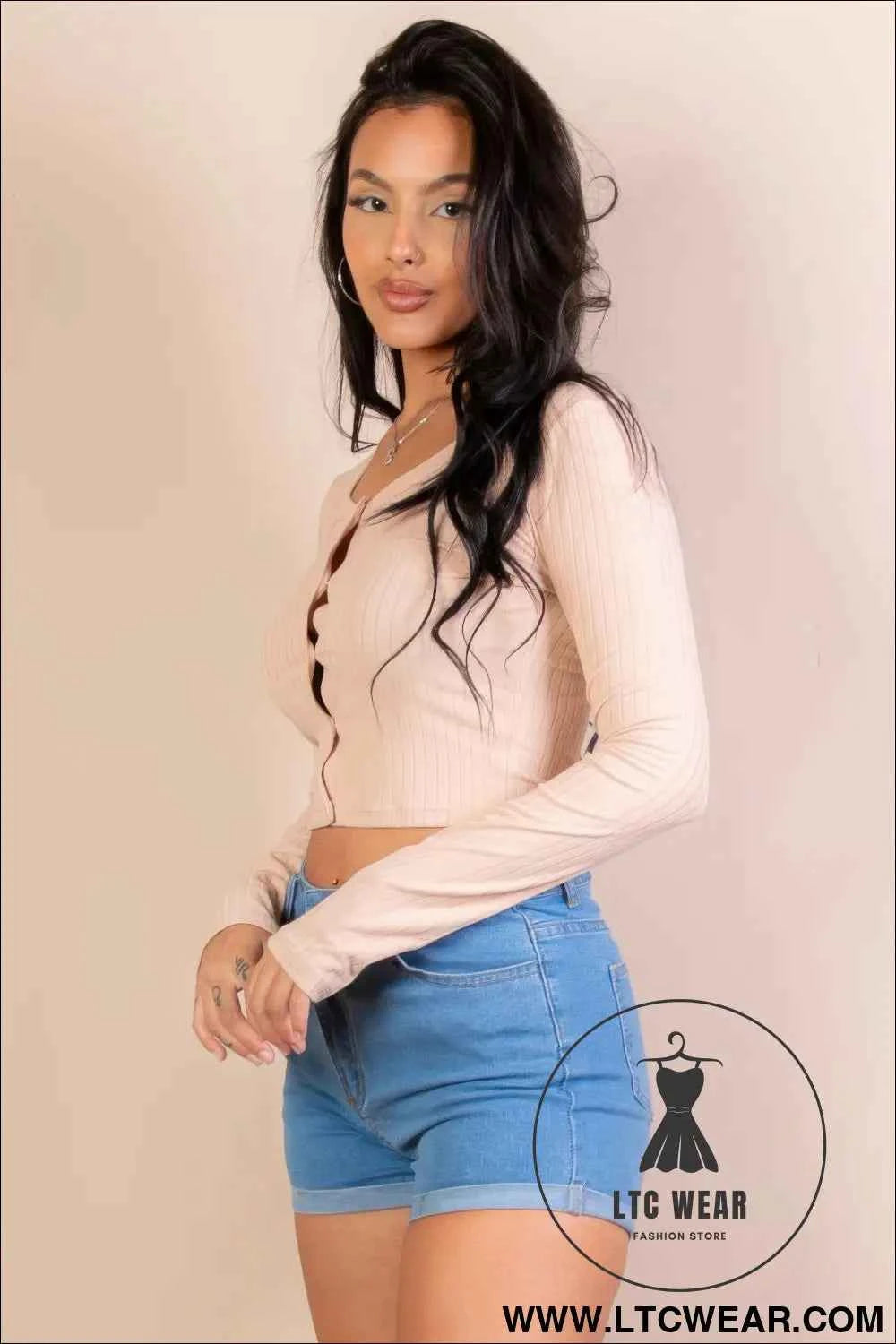Ribbed Long Sleeve Snap Button Down Crop Top