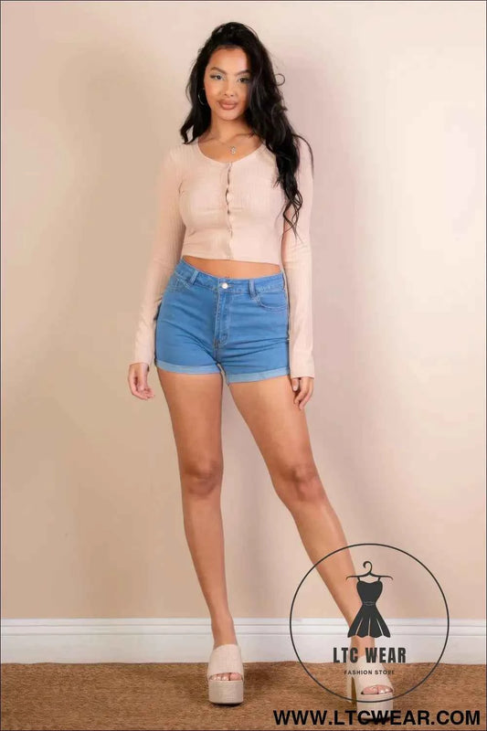 Ribbed Long Sleeve Snap Button Down Crop Top