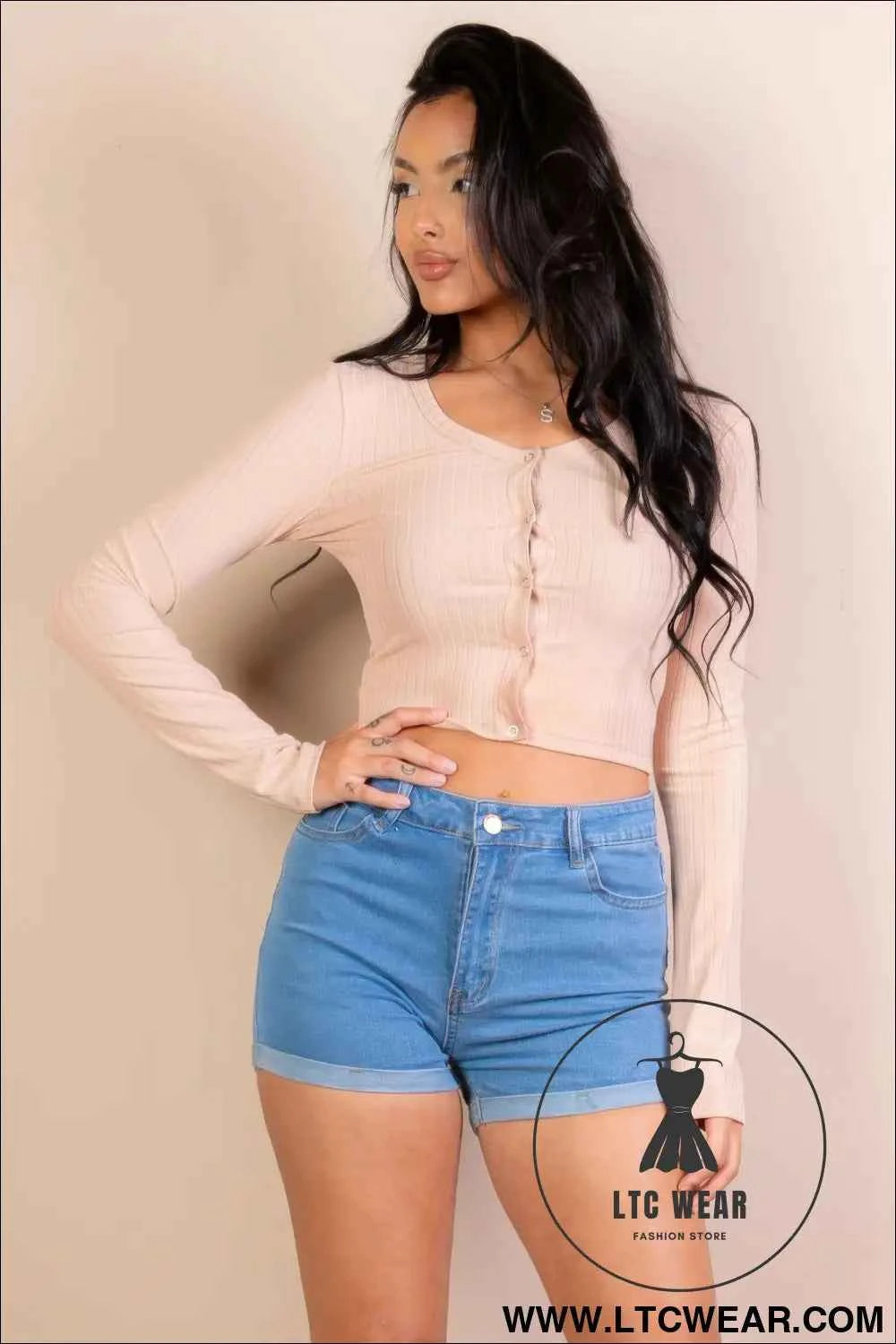Ribbed Long Sleeve Snap Button Down Crop Top
