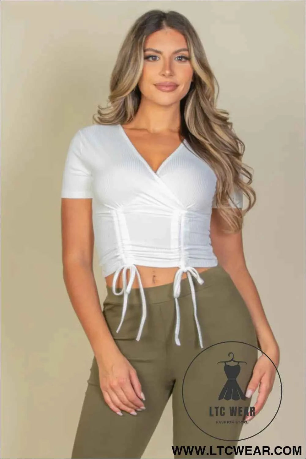 Ribbed Ruched Drawstring Surplice Top