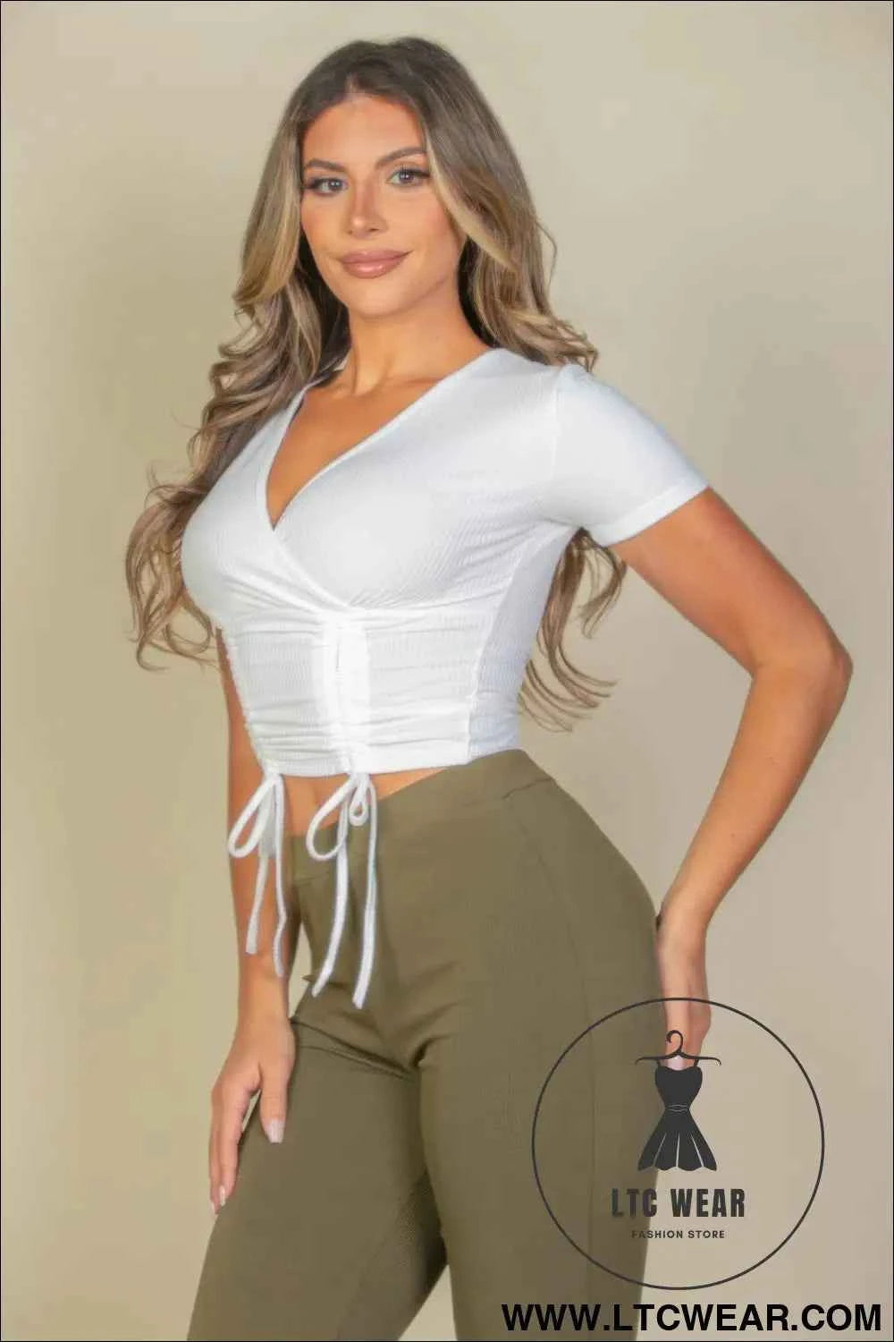 Ribbed Ruched Drawstring Surplice Top