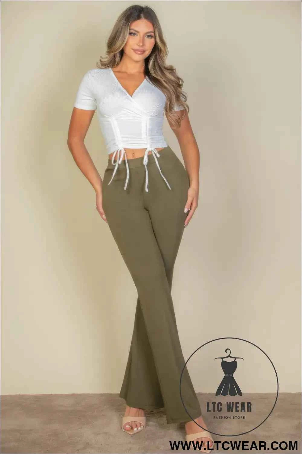 Ribbed Ruched Drawstring Surplice Top