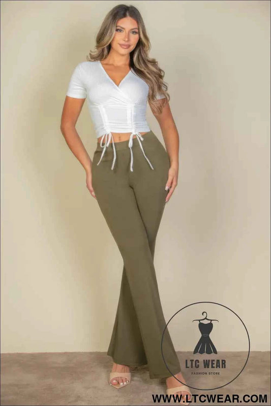 Ribbed Ruched Drawstring Surplice Top