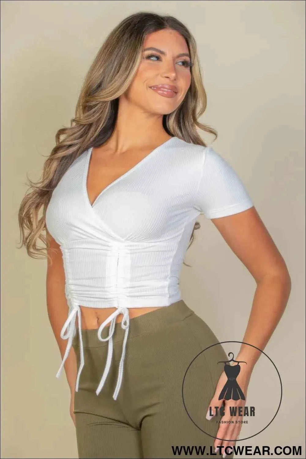 Ribbed Ruched Drawstring Surplice Top