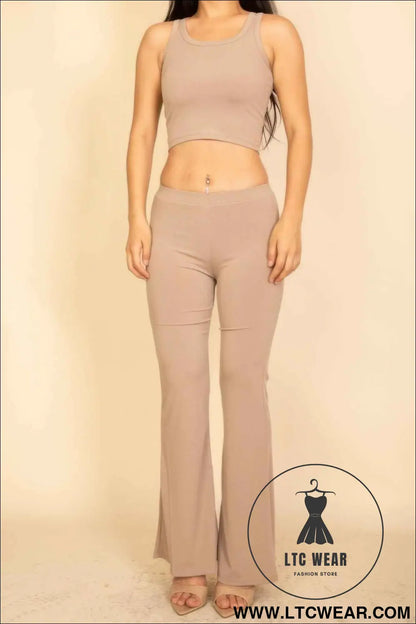 Ribbed Sleeveless Crop Top & Flared Pants Set