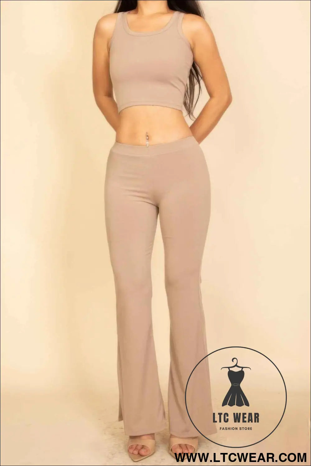 Ribbed Sleeveless Crop Top & Flared Pants Set
