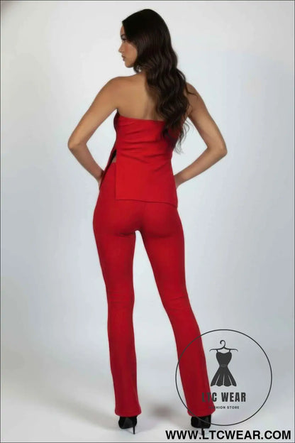 Ribbed Slit Tube Top & High-waist Flare Pants Set