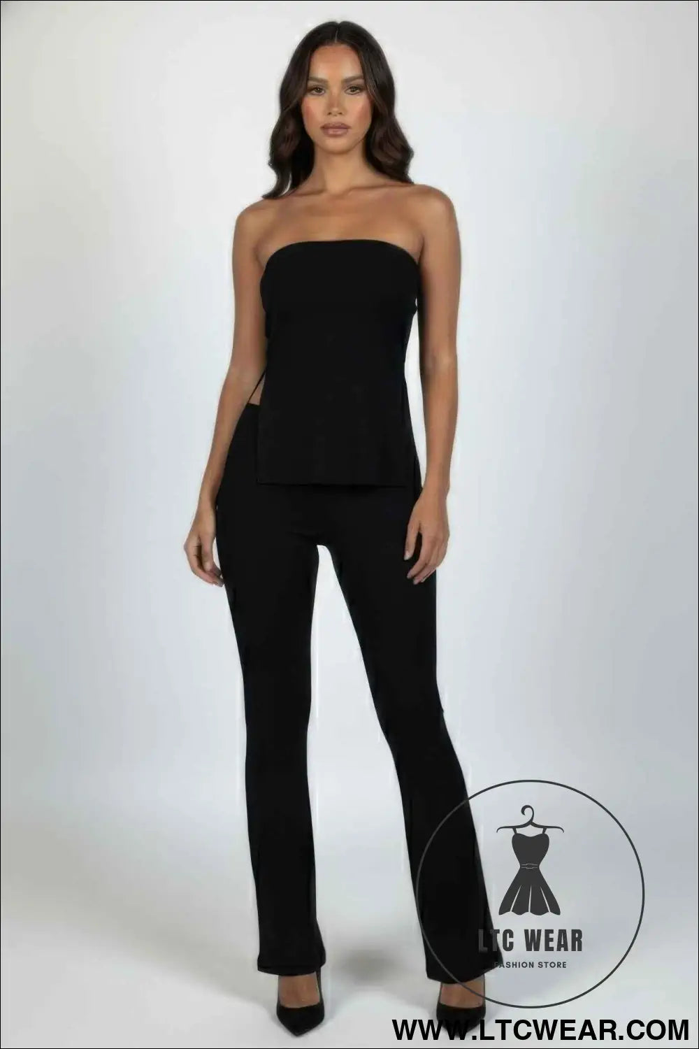 Ribbed Slit Tube Top & High-waist Flare Pants Set
