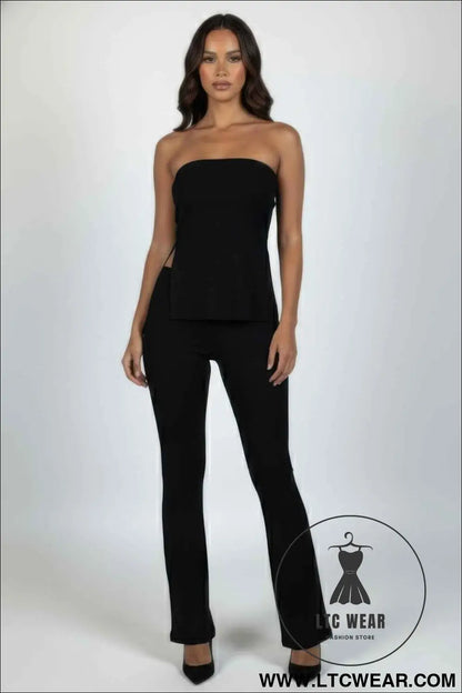 Ribbed Slit Tube Top & High-waist Flare Pants Set