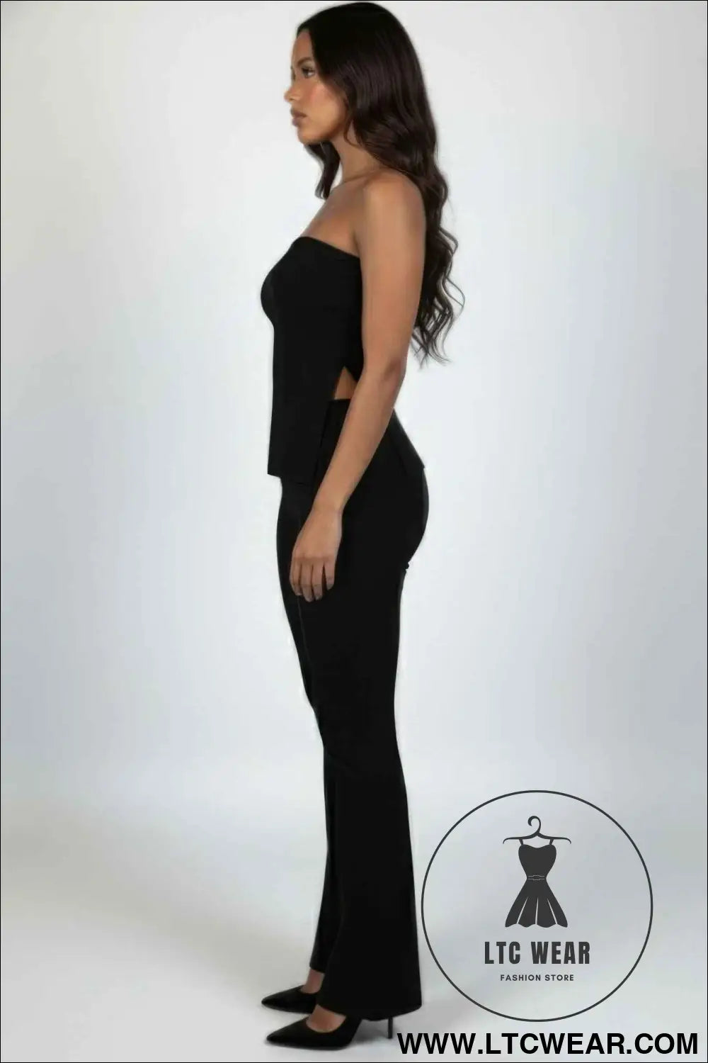 Ribbed Slit Tube Top & High-waist Flare Pants Set