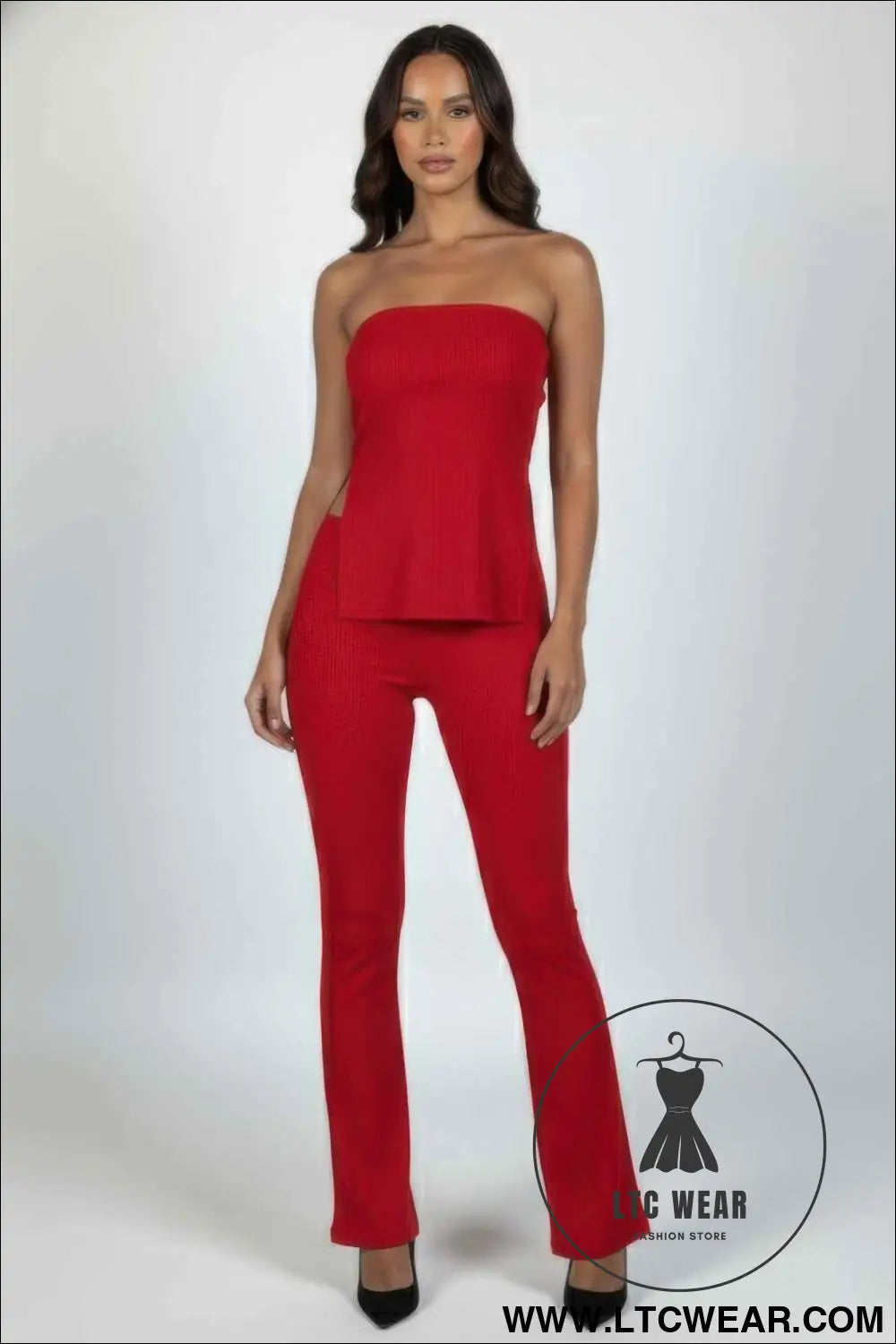 Ribbed Slit Tube Top & High-waist Flare Pants Set