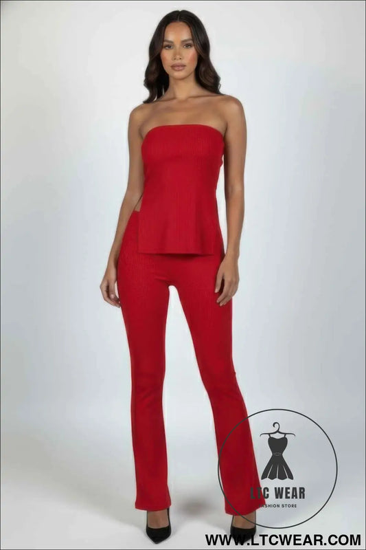 Ribbed Slit Tube Top & High-waist Flare Pants Set
